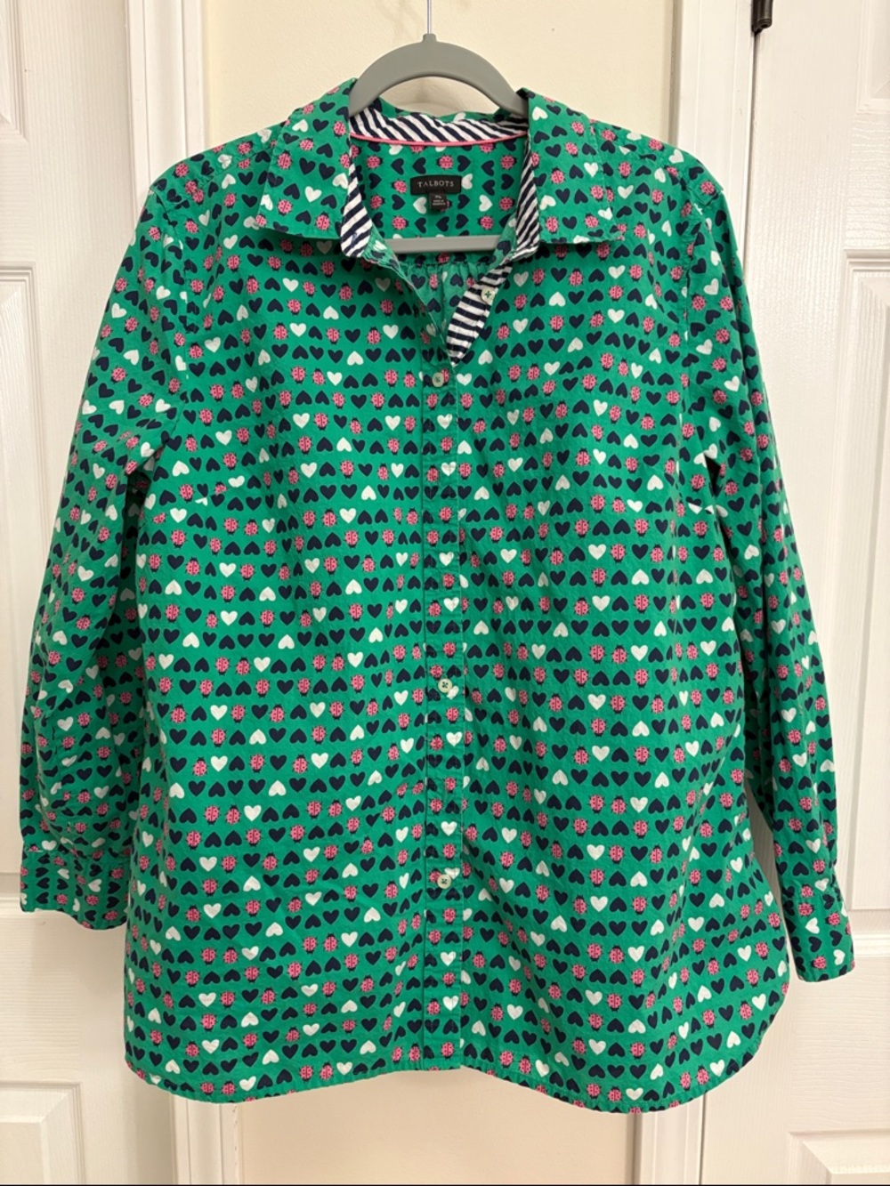 100% Cotton Talbots Green Heart & Ladybug Button-Front Shirt
